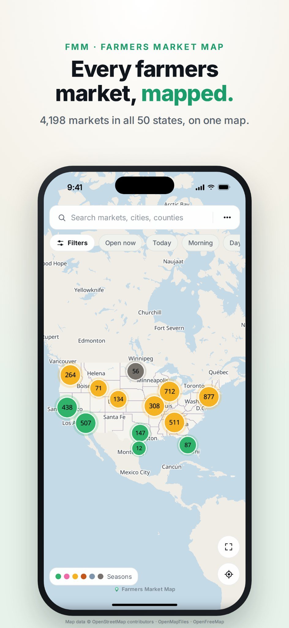 FMM app showing farmers markets across all 50 U.S. states