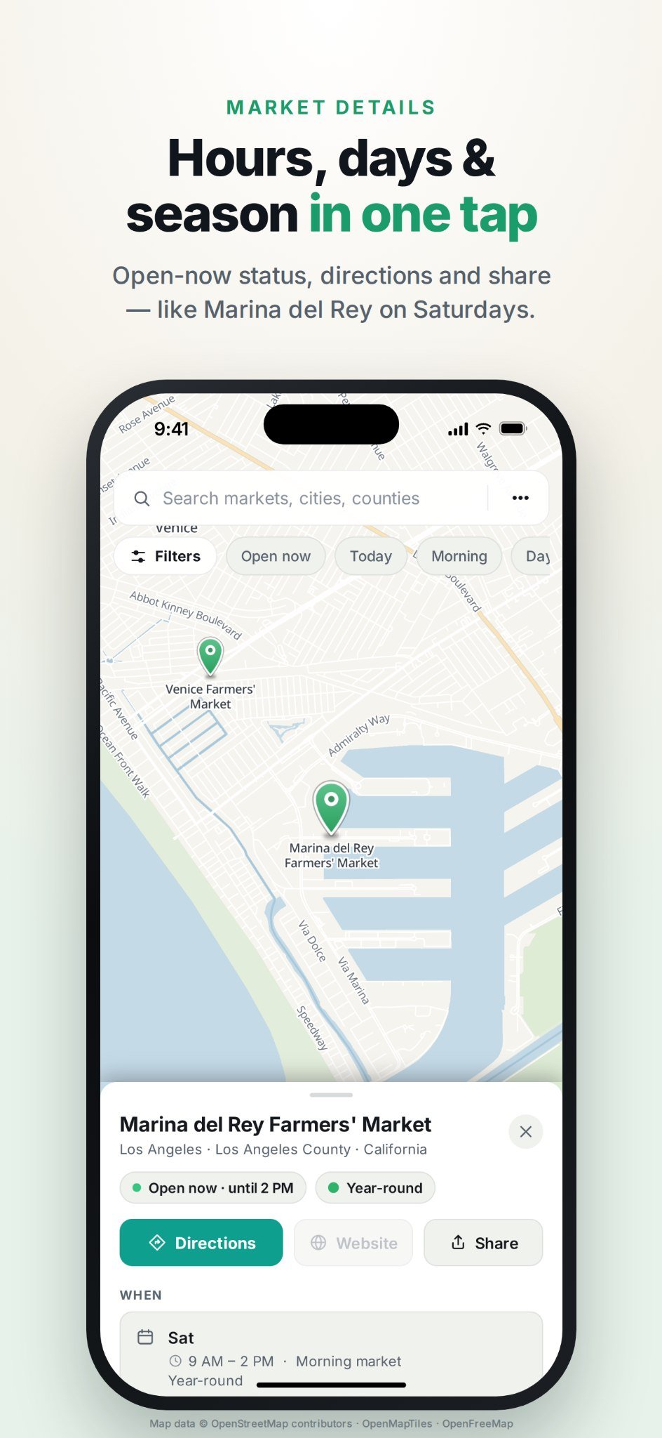 FMM Marina del Rey market details with hours, address and a gray Website button