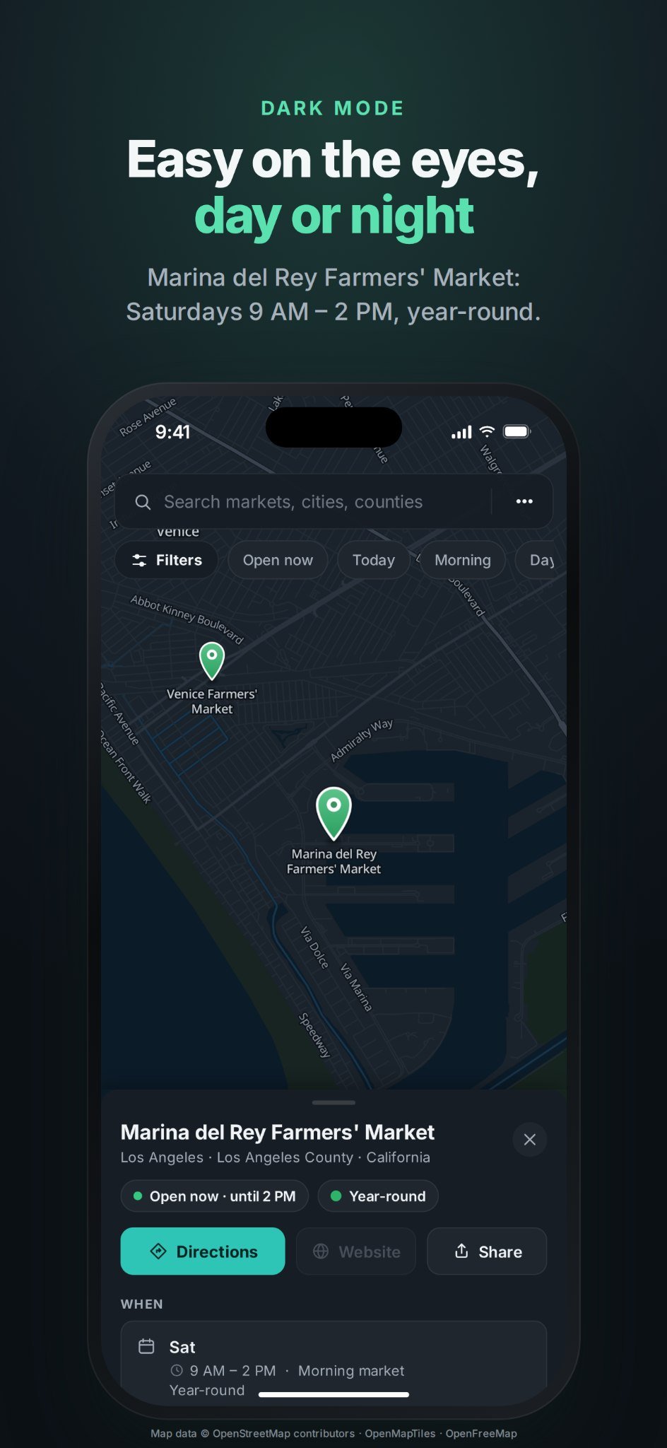 FMM dark-mode Marina del Rey market details with a gray Website button