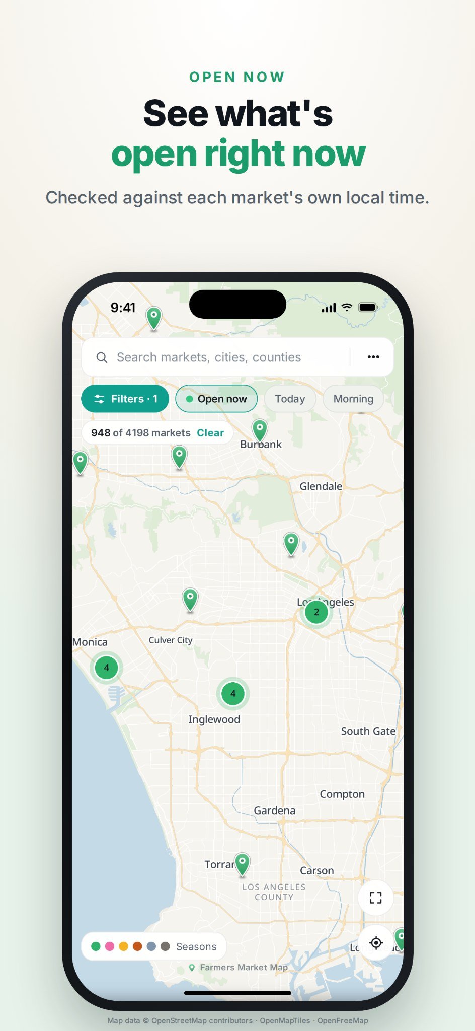 FMM open-now map showing matching markets