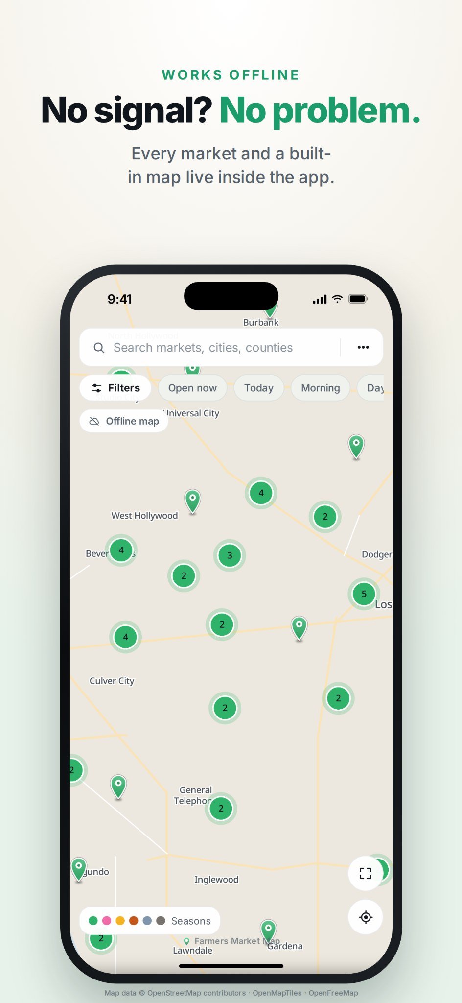 FMM built-in offline map with farmers market pins and an Offline map indicator