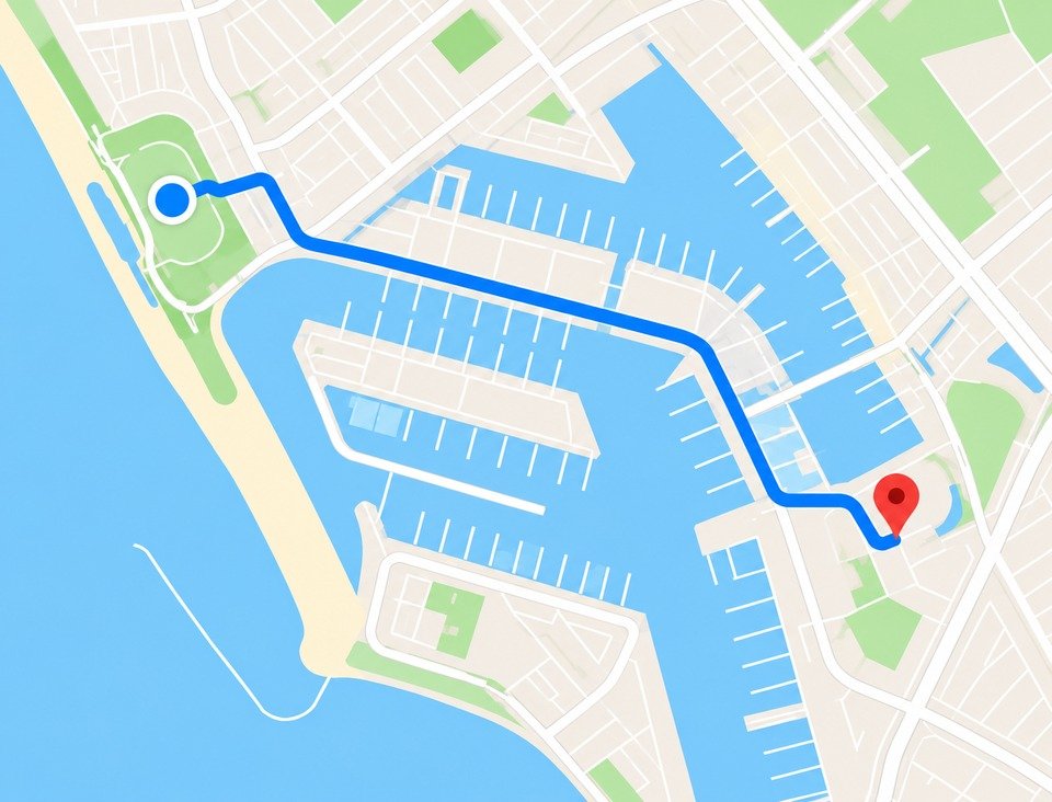 Illustrative marina map with a blue route from a park-side starting point to a red market destination pin