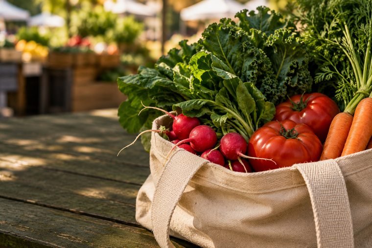 A canvas market bag filled with leafy greens, carrots and fresh tomatoes in warm morning light