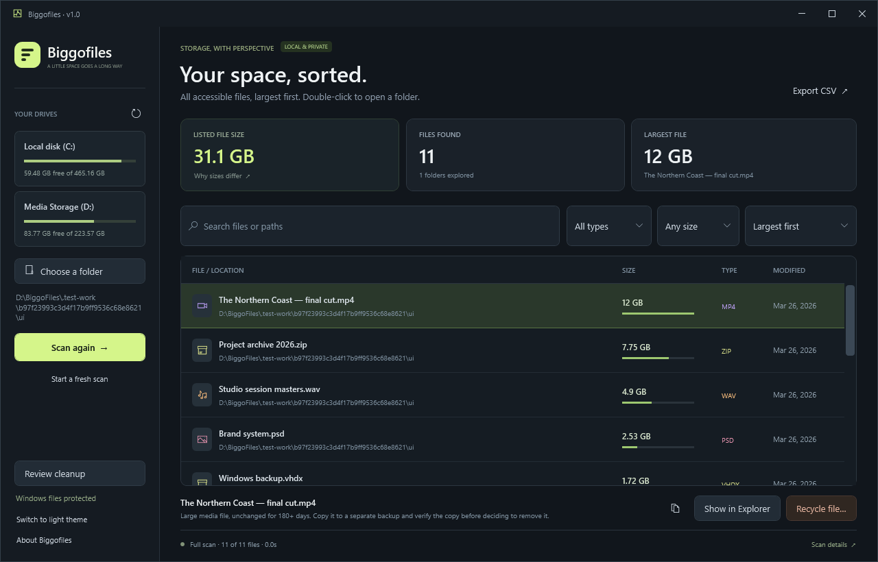 Biggofiles in dark mode with large demonstration files listed by size