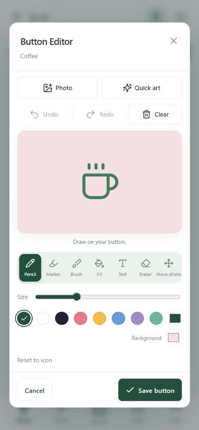 Button Editor with a coffee icon, drawing tools, colors, Photo, and Quick art