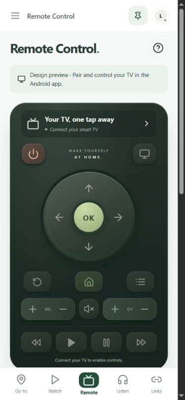 LifeMacro TV remote interface with direction, volume, channel, and playback controls