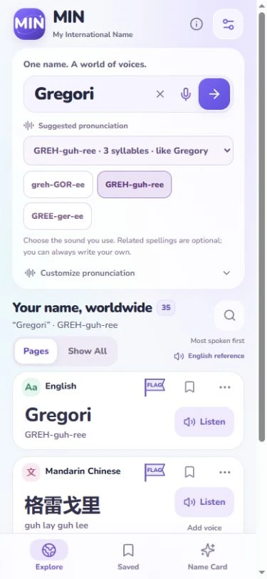 MIN app preview showing pronunciation choices for Gregori and suggested name spellings