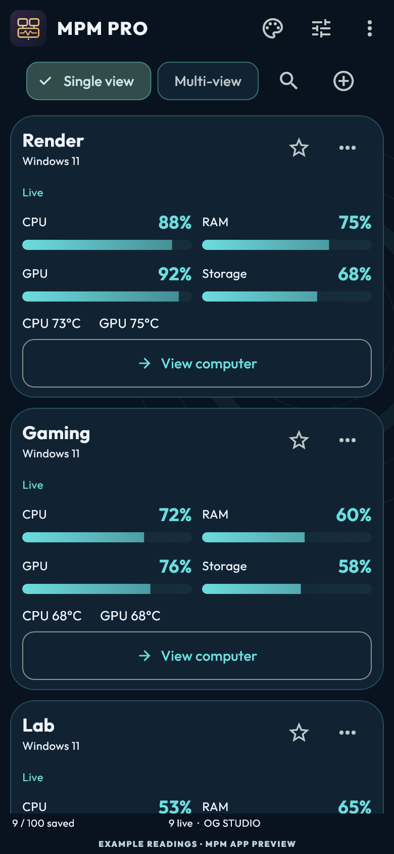 MPM Pro showing running PC performance with illustrative CPU and GPU readings, temperatures and filled gauges